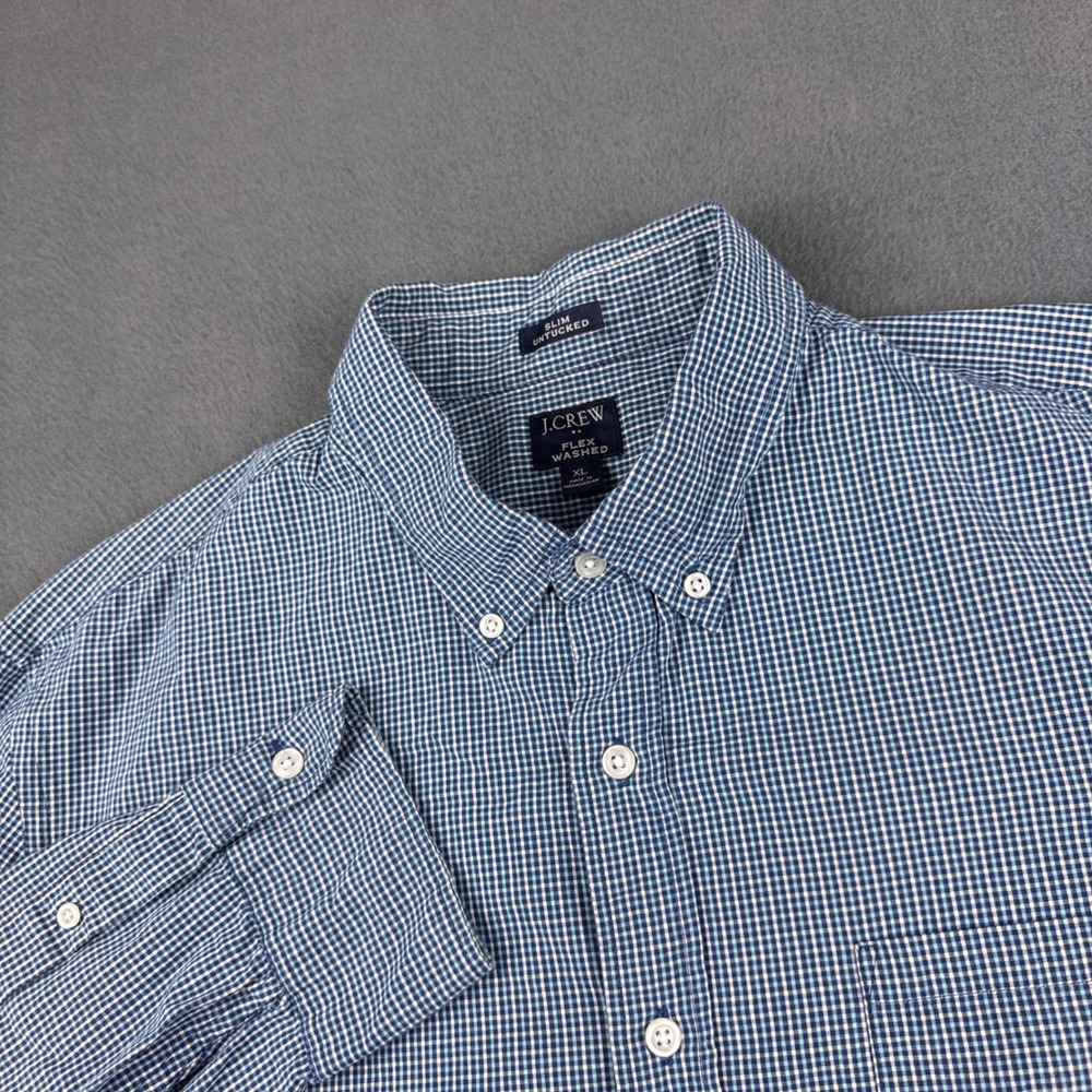 J Crew Shirt Men's XL Blue Gingham Flex Washed Slim Untucked Button Down LS